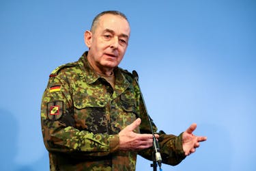 Inspector General of the Bundeswehr Carsten Breuer speaks on the day German Defence Minister Boris Pistorius (not pictured) announces the decision of the new general structure of the armed forces, in Berlin, Germany April 4, 2024.