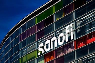 The logo of French drugmaker Sanofi is seen a the Sanofi Genzyme Polyclonals in Lyon, France, September 30, 2023.