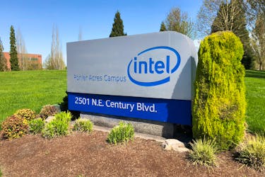 A sign is seen outside the Intel corporate campus in Hillsboro, Oregon, U.S., April 25, 2018. Picture taken April 25, 2018.