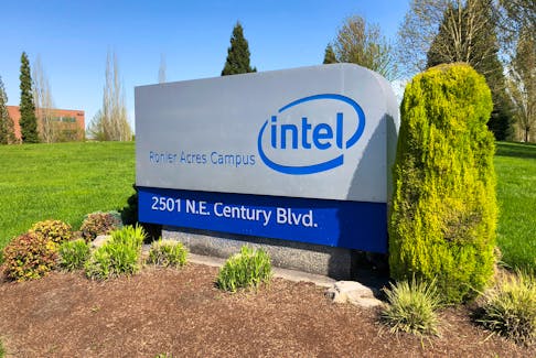 A sign is seen outside the Intel corporate campus in Hillsboro, Oregon, U.S., April 25, 2018. Picture taken April 25, 2018.
