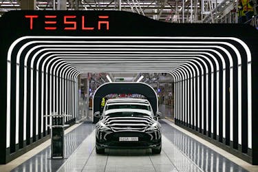 Model Y cars are pictured during the opening ceremony of the new Tesla Gigafactory for electric cars in Gruenheide, Germany, March 22, 2022. Patrick Pleul/Pool via