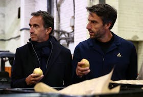 Alexandre Bompard, Chairman and Chief Executive Officer of French retailer Carrefour, and Tony Estanguet, President of the Organising Committee of the Paris 2024 Olympic and Paralympic Games,  attend a visit at the Vaulerand potato farm as French supermarket giant and Paris 2024 sponsor Carrefour presents its strategy to provide fresh products for athletes during the Paris 2024 Olympic and Paralympic Games, in Villeron, near Paris, France, April 18, 2024.