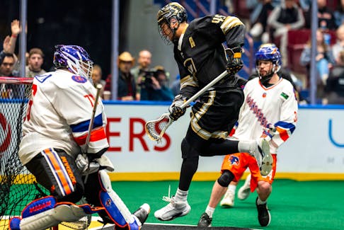 Vancouver Warriors forward Keegan Bal scores one of the five goals he scored against the Halifax Thunderbirds during a National Lacrosse League game on April 5. The Thunderbirds will look to finish the regular season with a victory when they host the Colorado Mammoth on Saturday night. - NATIONAL LACROSSE LEAGUE