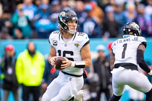 Jan 7, 2024; Nashville, Tennessee, USA;  Jacksonville Jaguars quarterback Trevor Lawrence (16) stands in the pocket against the Tennessee Titans during the first half at Nissan Stadium. Mandatory Credit: Steve Roberts-USA TODAY Sports
