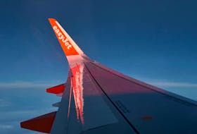 General view of the wing on an EasyJet flight on route from Lisbon to Prague, Czech Republic, October 25, 2023.
