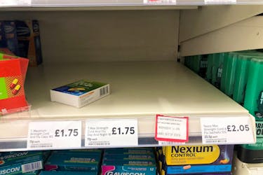 FIEL PHOTO: Empty shelves out of stock of medicine are pictured in a supermarket in London, Britain, March 6 2020.