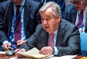 United Nations Secretary General Antonio Guterres speaks to members of Security Council during a meeting to address the situation in the Middle East, including the Palestinian question, at U.N. headquarters in New York City, New York, U.S., April 18, 2024.