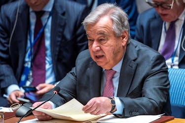 United Nations Secretary General Antonio Guterres speaks to members of Security Council during a meeting to address the situation in the Middle East, including the Palestinian question, at U.N. headquarters in New York City, New York, U.S., April 18, 2024.