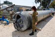 Israel's military displays what they say is an Iranian ballistic missile which they retrieved from the Dead Sea after Iran launched drones and missiles towards Israel, at Julis military base, in southern Israel April 16, 2024.