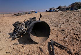 The remains of a rocket booster that, according to Israeli authorities critically injured a 7-year-old girl, after Iran launched drones and missiles towards Israel, near Arad, Israel, April 14, 2024.