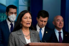 U.S. Secretary of the Interior Deb Haaland speaks during a briefing about the bipartisan infrastructure law at the White House in Washington, U.S., May 16, 2022.