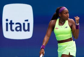 Mar 25, 2024; Miami Gardens, FL, USA; Coco Gauff (USA) reacts after winning a game against Caroline Garcia (FRA) (not pictured) on day eight of the Miami Open at Hard Rock Stadium. Mandatory Credit: Geoff Burke-USA TODAY Sports