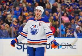 Connor McDavid (97) of the Edmonton Oilers faces the St. Louis Blues at Enterprise Center on Feb. 15, 2024, in St Louis.