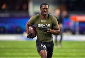 Mar 1, 2024; Indianapolis, IN, USA; Missouri defensive back Jaylon Carlies (DB49) works out during the 2024 NFL Combine at Lucas Oil Stadium. Mandatory Credit: Kirby Lee-USA TODAY Sports/File Photo