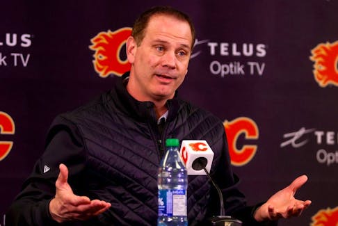 Calgary Flames GM Craig Conroy speaks to media at the Scotiabank Saddledome after locker cleanup day in on Friday, April 19, 2024. 