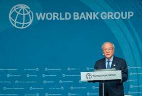 Japanese Finance Minister Shunichi Suzuki speaks during an event about expanding health coverage for all during the IMF and World Bank’s 2024 annual Spring Meetings in Washington, U.S., April 18, 2024.