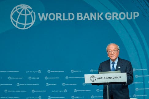 Japanese Finance Minister Shunichi Suzuki speaks during an event about expanding health coverage for all during the IMF and World Bank’s 2024 annual Spring Meetings in Washington, U.S., April 18, 2024.