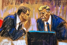 Former U.S. President Donald Trump listens to his lawyer Todd Blanche during jury selection of his criminal trial on charges that he falsified business records to conceal money paid to silence porn star Stormy Daniels in 2016, in Manhattan state court in New York City, U.S. April 18, 2024 in this courtroom sketch.