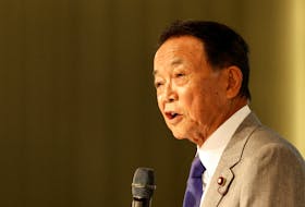 Japan's Former Prime Minister and current Vice-President of the ruling Liberal Democratic Party, Taro Aso, speaks during the Ketagalan Forum in Taipei, Taiwan August 8, 2023.