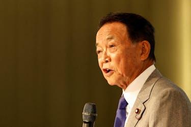 Japan's Former Prime Minister and current Vice-President of the ruling Liberal Democratic Party, Taro Aso, speaks during the Ketagalan Forum in Taipei, Taiwan August 8, 2023.