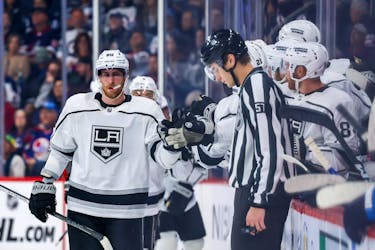 Los Angeles Kings forward Pierre-Luc Dubois celebrates with teammates after scoring his first goal as a King against his former team the Winnipeg Jets on Tuesday night in Winnipeg. CONTRIBUTED/LA KINGS PUBLIC RELATIONS