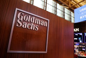 The logo for Goldman Sachs is seen on the trading floor at the New York Stock Exchange (NYSE) in New York City, New York, U.S., November 17, 2021.