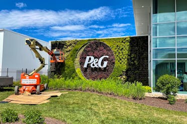 A plant wall with Procter & Gamble's logo is pictured at the entrance to the company's highly automated cleaning products factory in Tabler Station, West Virginia, U.S., May 28, 2021.