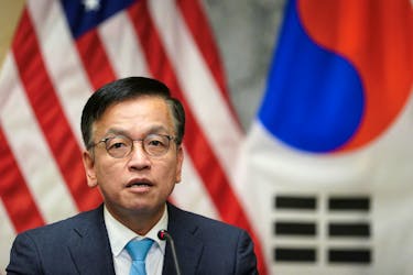 Korean Finance Minister Choi Sang-mok speaks during a trilateral meeting with U.S. Treasury Secretary Janet Yellen and Japanese Finance Minister Shunichi Suzuki on the sidelines of the IMF/G20 meetings, at the U.S. Treasury in Washington, U.S., April 17, 2024. 