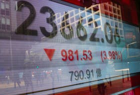 A panel displays the Hang Seng Index during afternoon trading, in Hong Kong, China May 4, 2020.