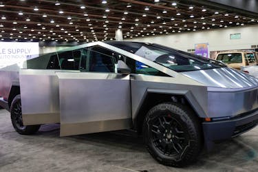 The Tesla Cybertruck is displayed at the SAE WCX conference in Detroit, Michigan, U.S., April 18, 2024.