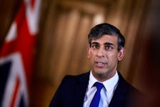 British Prime Minister Rishi Sunak records a statement on the Iranian attacks on Israel overnight, inside 10 Downing Street in central London, Britain, April 14, 2024. BENJAMIN CREMEL/Pool via