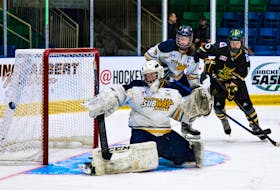 Jorja Burrows blockering a Sabres shot safely behind her net during the Selects’ loss to the eventual champions in the semi-final game.