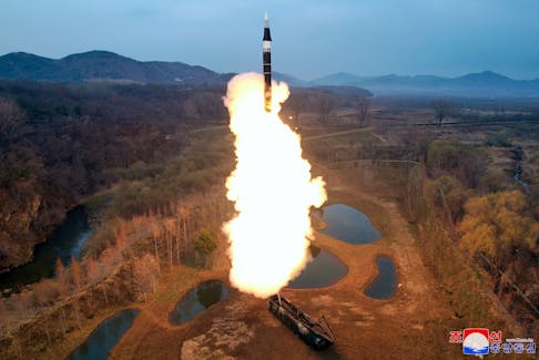 A missile is launched, as the state media reports North Korea test-fired a new mid- to long-range solid-fuel hypersonic missile, at an unknown location in North Korea, April 2, 2024, in this picture released on April 3, 2024, by the Korean Central News Agency. KCNA via