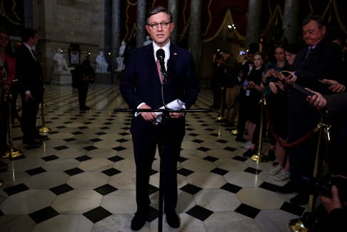 Speaker of the House Mike Johnson (R-LA) speaks to the media after the Senate dismissed the House Republican impeachment charges against Homeland Security Secretary Alejandro Mayorkas in Statuary Hall at the U.S. Capitol in Washington, U.S., April 17, 2024.