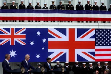 U.S. President Joe Biden, Australian Prime Minister Anthony Albanese and British Prime Minister Rishi Sunak deliver remarks on the Australia - United Kingdom - U.S. (AUKUS) partnership, after a trilateral meeting, at Naval Base Point Loma in San Diego, California U.S. March 13, 2023.