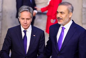 U.S. Secretary of State Antony Blinken stands with Turkey's Foreign Minister Hakan Fidan on the day of a NATO foreign ministers meeting at the Alliance's headquarters in Brussels, Belgium April 3, 2024.