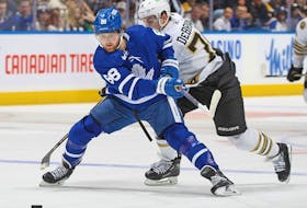 Maple Leafs' William Nylander breaks past Jake DeBrusk of the Boston Bruins during the first period at Scotiabank Arena on March 4, 2024 in Toronto.
