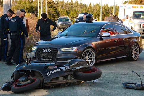 One man was sent to hospital following a collision between a motorcycle and a car Saturday evening. Saltwire Staff