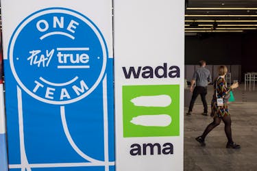 A WADA logo is seen at the World Anti-Doping Agency (WADA) Symposium in Lausanne, Switzerland, March 12, 2024.