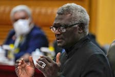 Visiting Solomon Islands Prime Minister Manasseh Sogavare speaks during a bilateral meeting with his Chinese counterpart Li Qiang at the Great Hall of the People in Beijing, Monday, July 10, 2023.  Andy Wong/Pool via