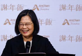 Taiwanese President Tsai Ing-wen speaks at an American Chamber of Commerce event in Taipei, Taiwan March 28, 2024.