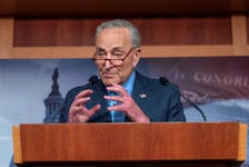 U.S. Senate Majority Leader Chuck Schumer (D-NY) speaks to the media after the Senate dismissed the House Republican impeachment charges against Homeland Security Secretary Alejandro Mayorkas at the U.S. Capitol in Washington, U.S., April 17, 2024. 