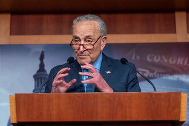 U.S. Senate Majority Leader Chuck Schumer (D-NY) speaks to the media after the Senate dismissed the House Republican impeachment charges against Homeland Security Secretary Alejandro Mayorkas at the U.S. Capitol in Washington, U.S., April 17, 2024. 