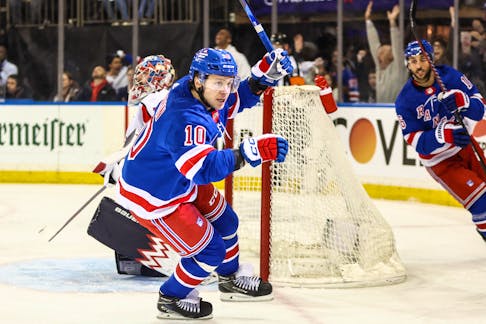 Apr 21, 2024; New York, New York, USA; New York Rangers left wing Artemi Panarin (10) celebrates after scoring a goal in the second period against the Washington Capitals in game one of the first round of the 2024 Stanley Cup Playoffs at Madison Square Garden. Mandatory Credit: Wendell Cruz-USA TODAY Sports