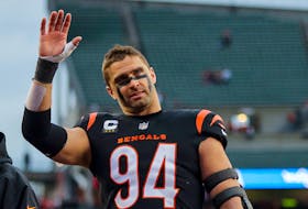 Jan 7, 2024; Cincinnati, Ohio, USA; Cincinnati Bengals defensive end Sam Hubbard (94) waves to fans after the game against the Cleveland Browns at Paycor Stadium. Mandatory Credit: Katie Stratman-USA TODAY Sports/File Photo
