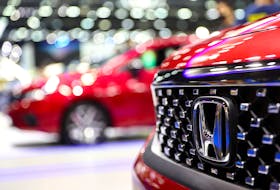 The Honda logo is displayed at the 44th Bangkok International Motor Show in Bangkok, Thailand, March 23, 2023.
