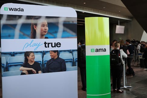 A sign is pictured during the World Anti-Doping Agency (WADA) Symposium in Lausanne, Switzerland, June 11, 2022.