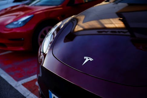 Tesla electric vehicles are lined up at a dealership in Durango, northern Spain, October 30, 2023.