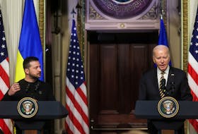 U.S. President Joe Biden and Ukraine's President Volodymyr Zelenskiy hold a joint press conference at the White House in Washington, U.S., December 12, 2023.
