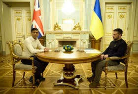 Ukraine's President Volodymyr Zelenskiy meets with British Prime Minister Rishi Sunak during his welcome, as Russia's attack on Ukraine continues, in Kyiv, Ukraine January 12, 2024. Ukrainian Presidential Press Service/Handout via